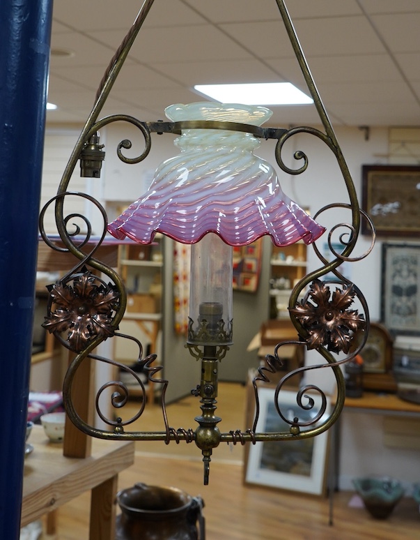 An English Arts and Crafts gas pendant with Vaseline cranberry cylinder shade, including pendant wire, c.1880's-1910, wired, 78cm high, 38cm wide. Condition - good, not tested